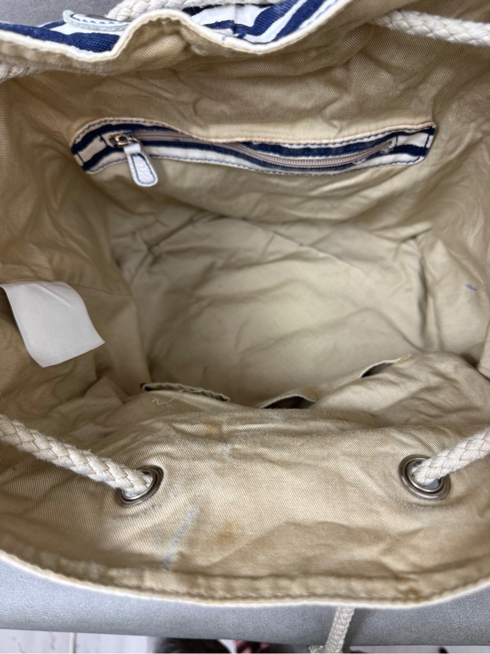 Striped Navy & Cream Rope-Drawstring Canvas Backpack - Picture 9 of 11
